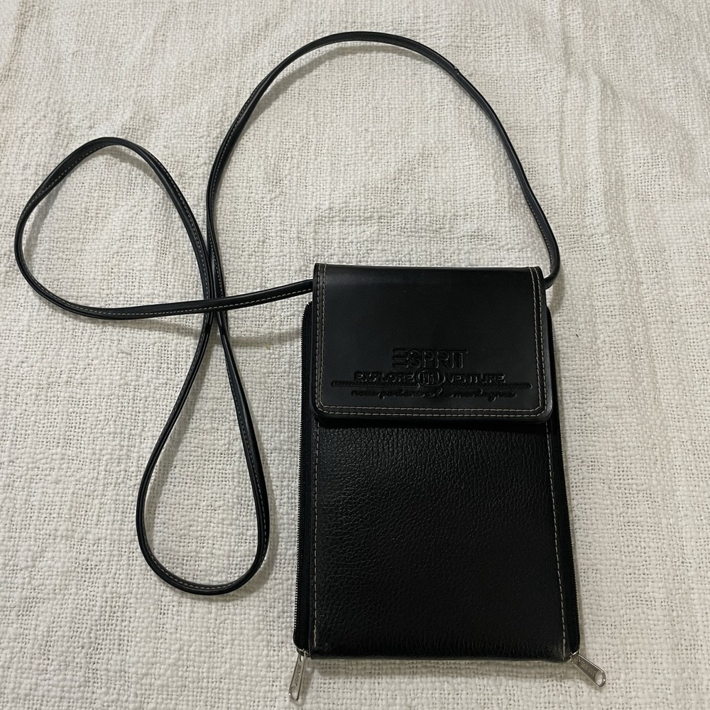 Vintage Esprit Black Leather Wallet Crossbody Purse‎ Bag Y2K 90's Silver EUC
